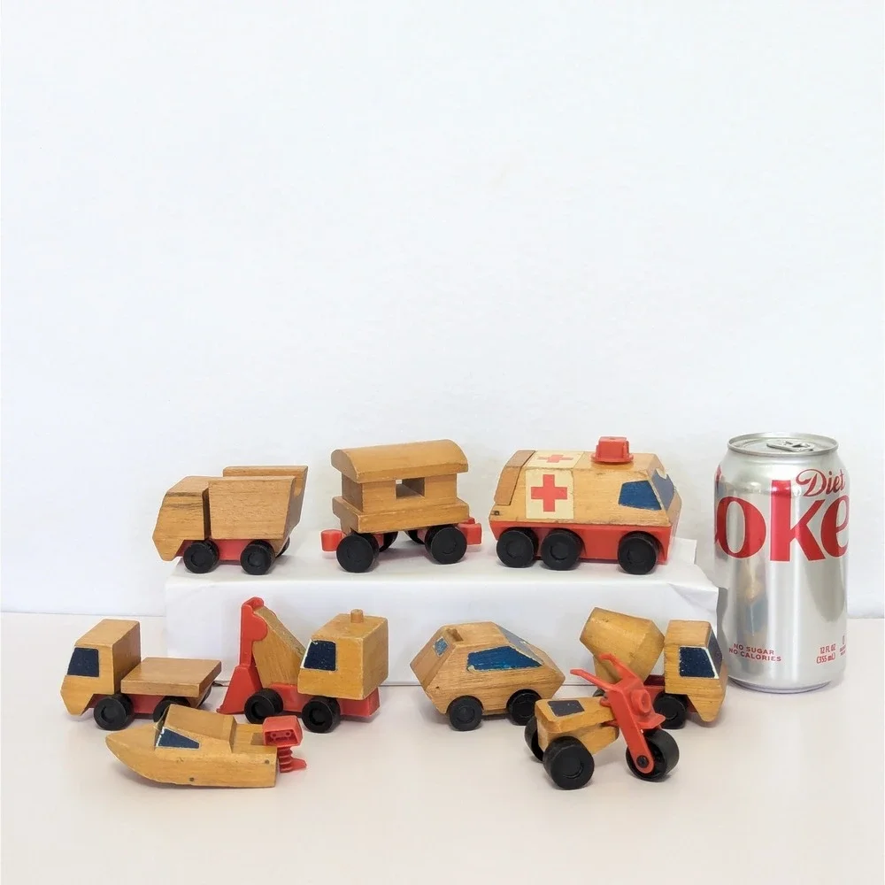 Vtg Lot of 9 Mattel Putt-putt Wood Toy Vehicles Truck Ambulance Boat Car Train